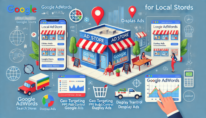 Google AdWords benefits for local stores, featuring a shop, customers using mobile phones, geo-targeting, PPC ads, and performance tracking.