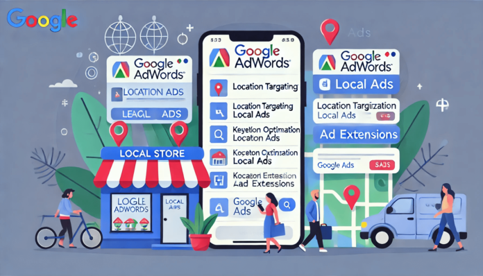 Illustration showing how Google AdWords enhances a local store's online presence with search ads, location targeting, keyword optimization, and customer visits.