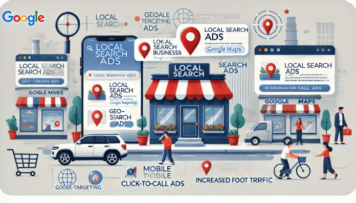 Illustration showing local search ads for small businesses on Google, featuring store visibility on search and maps, geo-targeting, and mobile optimization.