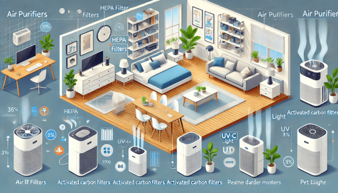 Illustration of air purifiers with HEPA filters, activated carbon filters, and UV-C light in room settings, highlighting their features for allergies, smoke, and pet dander.