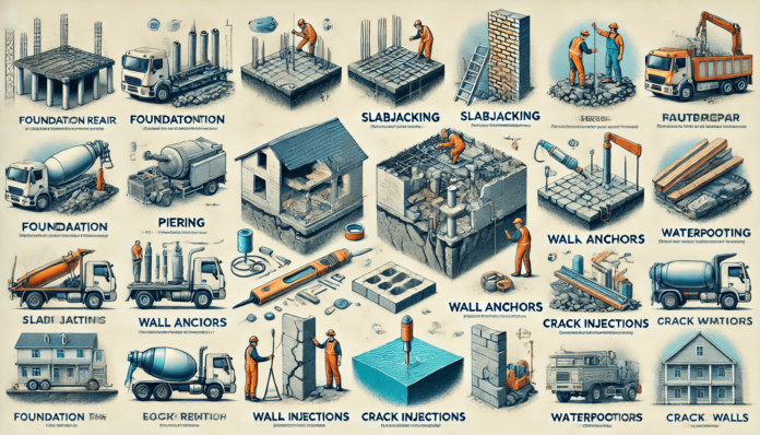 Illustration showing different foundation repair methods, including piering, slabjacking, crack injections, wall anchors, and waterproofing solutions.