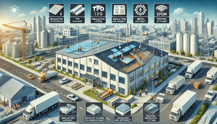 commercial roofing installation with workers applying TPO, EPDM, and metal sheets, highlighting insulation layers, reflective coatings, and drainage systems.