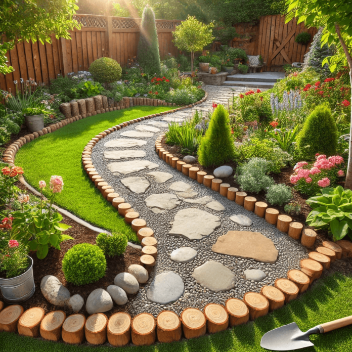 A serene DIY garden pathway featuring a rustic stone walkway with a curved design, flanked by lush greenery, colorful flowers, and neatly trimmed bushes.