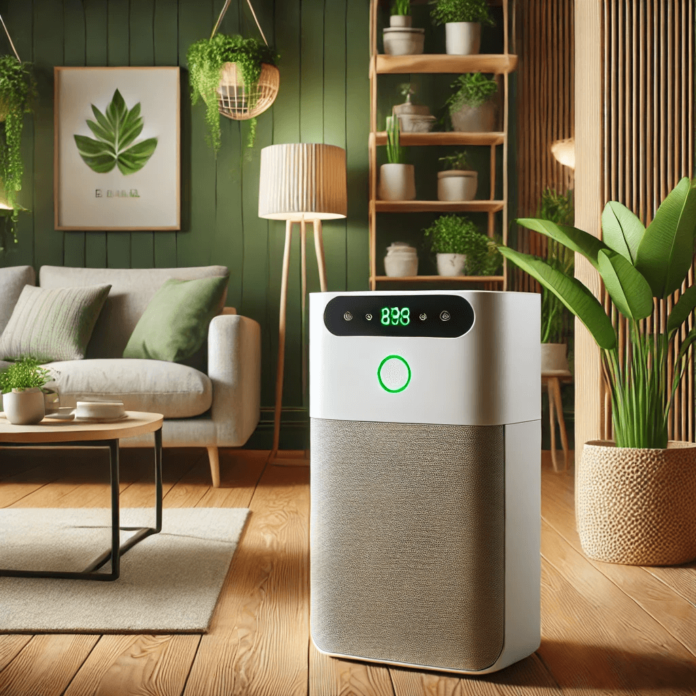 A modern eco-friendly air purifier in a minimalist living room with natural light, potted plants, and wooden furniture, highlighting sustainability and clean air.