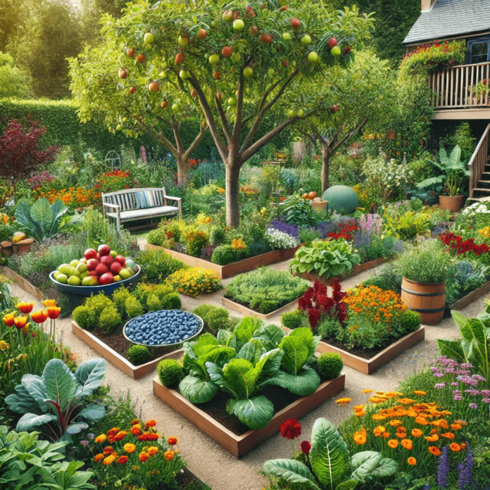 A beautifully landscaped edible garden featuring fruit trees, berry bushes, herbs, and colorful edible flowers with a cozy seating area for relaxation.