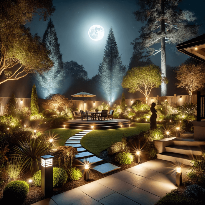 A stunning backyard at night showcasing landscape lighting techniques, including low-voltage lights along a pathway, uplights highlighting tall trees, downlights creating a moonlit effect over a seating area, and ambient lighting around a garden patio.