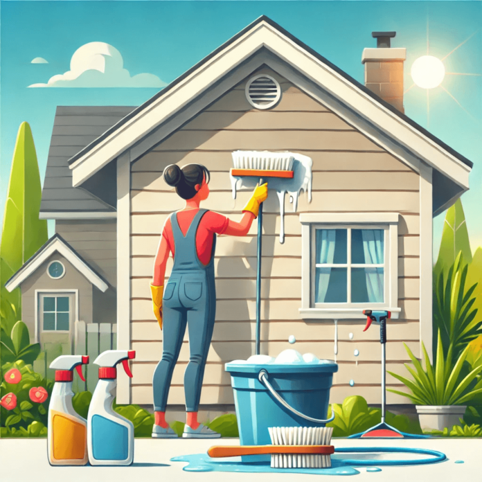 Illustration of siding maintenance showing a person cleaning vinyl siding with tools like a brush, bucket, and hose.