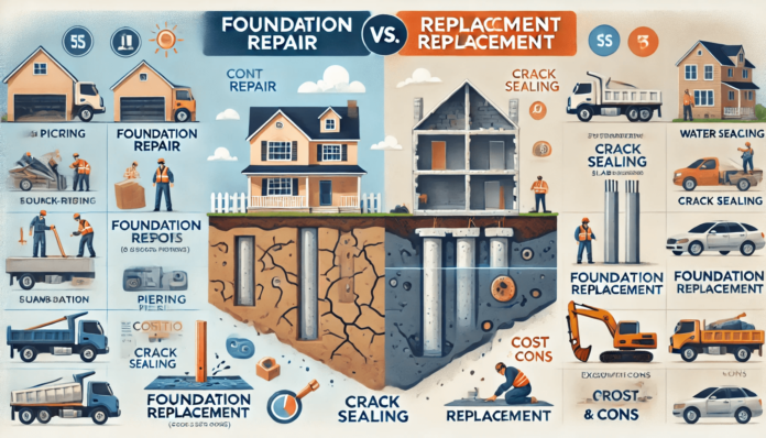 Illustration comparing foundation repair vs. replacement, showing repair methods like piering and slabjacking alongside foundation replacement processes.