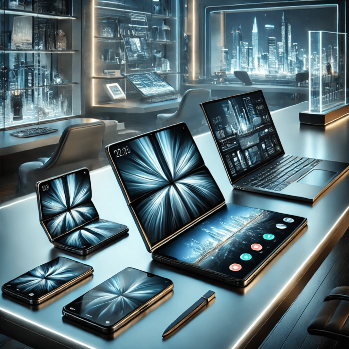 A modern setup showcasing foldable gadgets, including a smartphone, tablet, and laptop with flexible OLED screens, displayed on a sleek desk in a tech-savvy environment with glowing LED lights and a futuristic cityscape in the background.