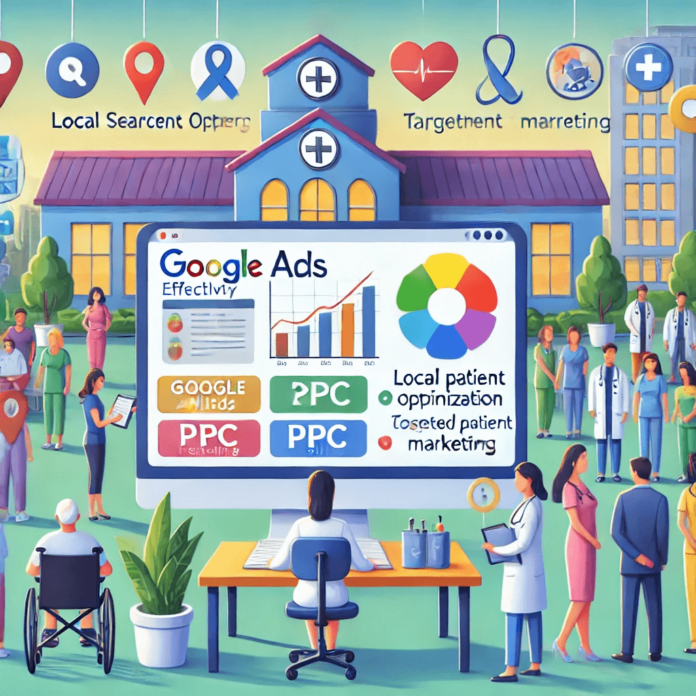 Illustration of a hospital using Google AdWords with a digital dashboard showing healthcare metrics, patient engagement icons, and targeted advertising elements.