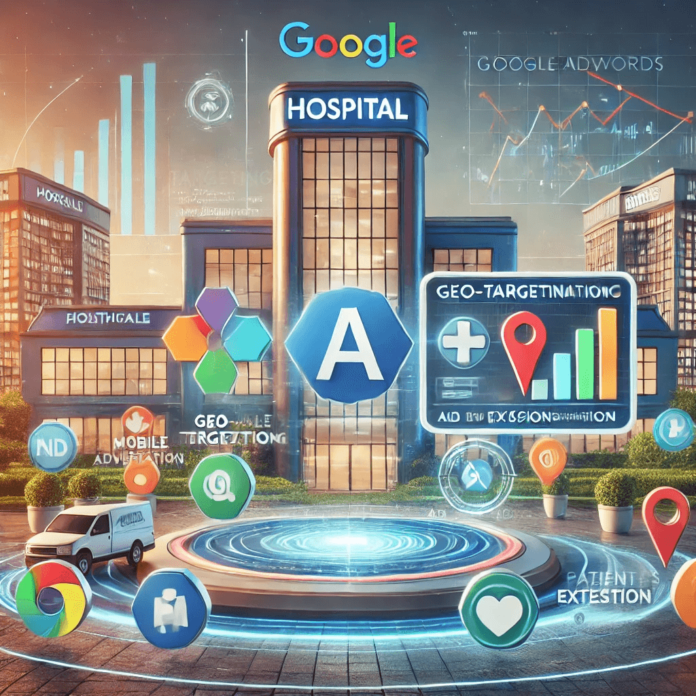 Google AdWords targeting for hospitals, featuring campaign metrics, geo-targeting, mobile advertising, and a modern hospital in the background.