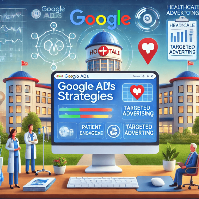 Illustration of a hospital using Google AdWords for healthcare marketing, featuring a computer screen with campaign metrics, doctors, and patient engagement icons.