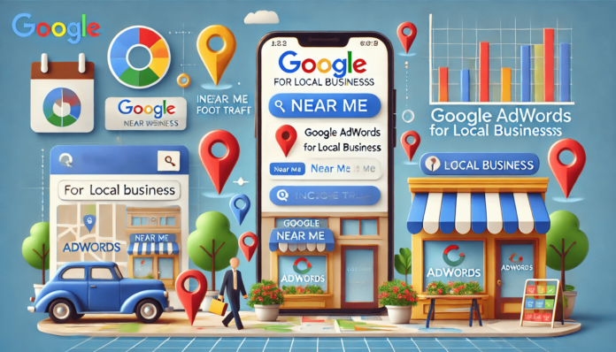 An illustration showcasing Google AdWords for local businesses with a smartphone displaying a search result, location pins, and a store attracting customers.