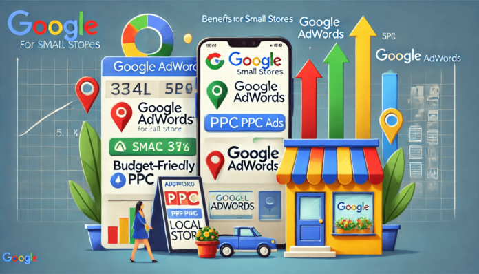 An illustration showcasing Google AdWords benefits for small stores, featuring a smartphone search result, location pins, and a shop attracting customers.