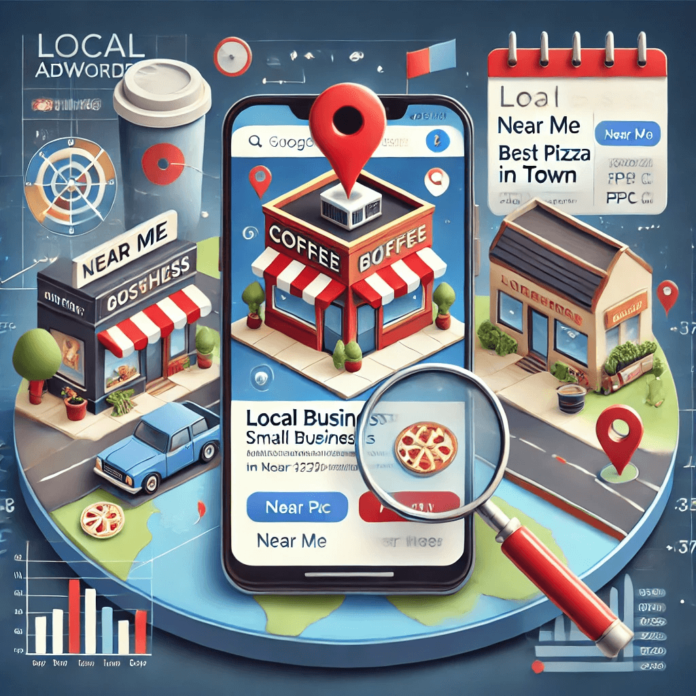 A visual comparison of Google AdWords and traditional marketing methods for local businesses, featuring digital ads vs. print media