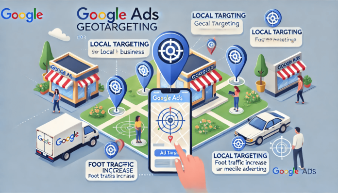 Illustration of Google Ads geotargeting showing a map with location markers, a store, and customers using mobile phones to find local businesses.