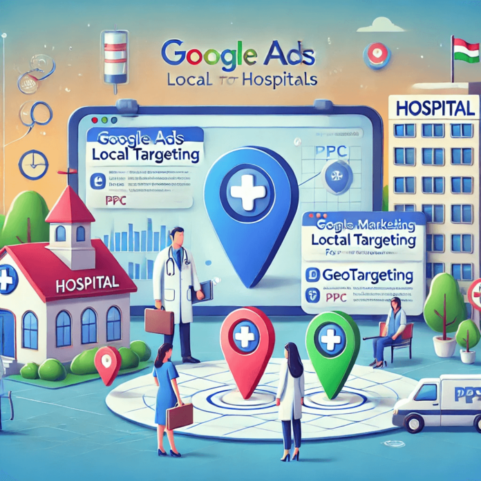 Illustration showcasing Google Ads local targeting for hospitals with geotargeting strategies, PPC campaign metrics, and healthcare service engagement.