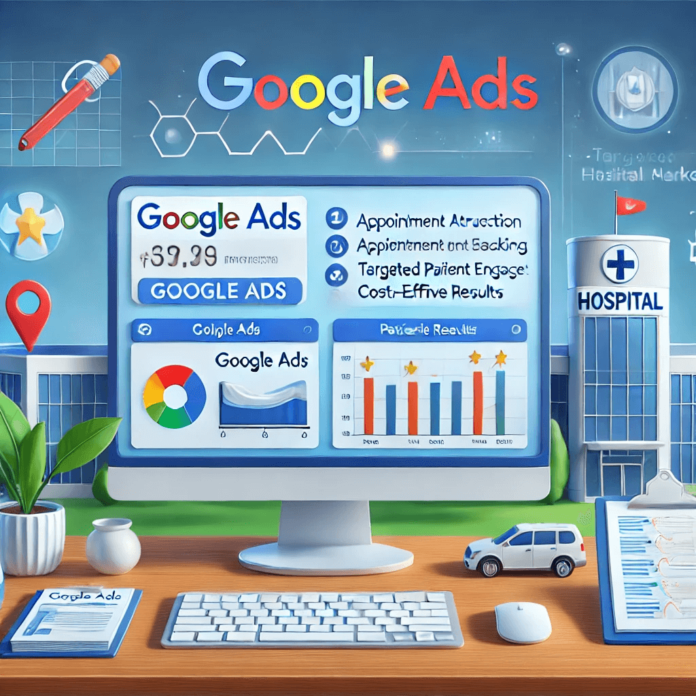 Illustration of a hospital using Google Ads for patient acquisition, featuring a computer screen with campaign metrics, healthcare professionals, and targeted advertising icons.