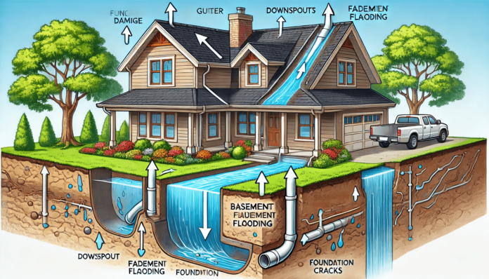 Illustration comparing gutters and downspouts in home water management, showing gutters collecting rainwater from the roof and downspouts directing it safely away from the foundation to prevent erosion and flooding.