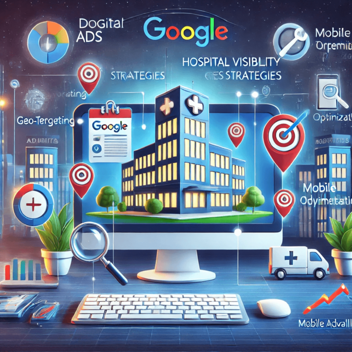 Illustration showcasing hospital visibility strategies using Google AdWords, featuring a digital dashboard, geo-targeting icons, and a modern hospital in the background.