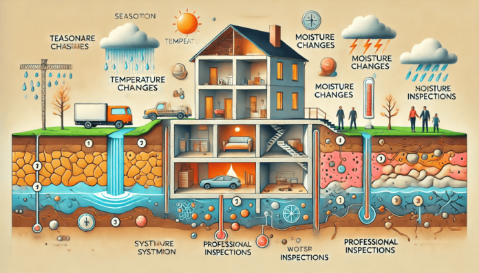 Illustration showing seasonal foundation issues such as cracks, uneven floors, and water pooling, with solutions like drainage systems and insulation.