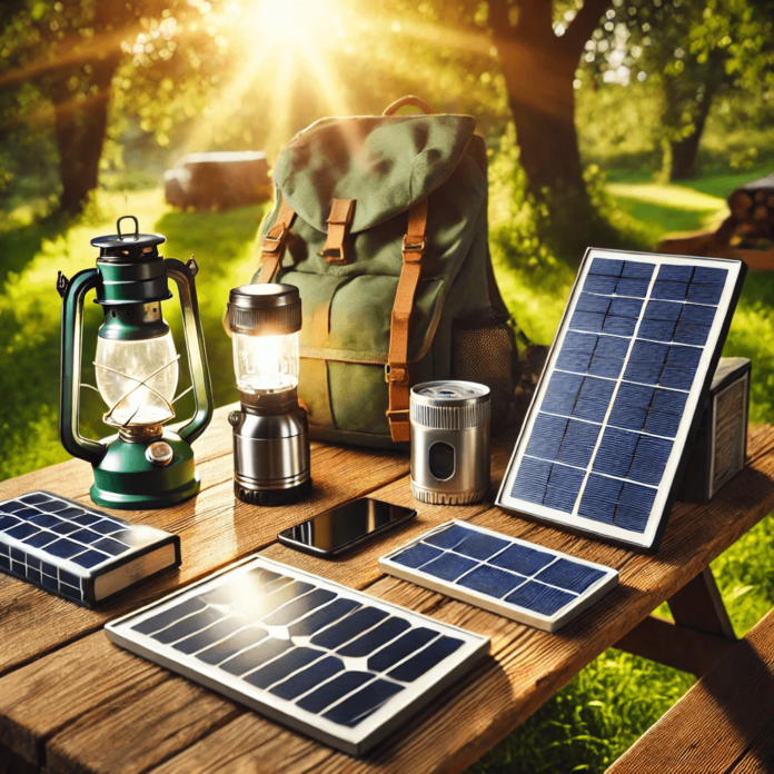 An outdoor display of modern solar-powered gadgets, including a phone charger, lantern, backpack, and water heater on a wooden table in sunlight, with green grass and trees in the background.