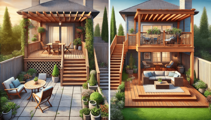 A side-by-side comparison of a patio and a deck in a backyard, showcasing differences in design, materials, and functionality for outdoor living spaces.