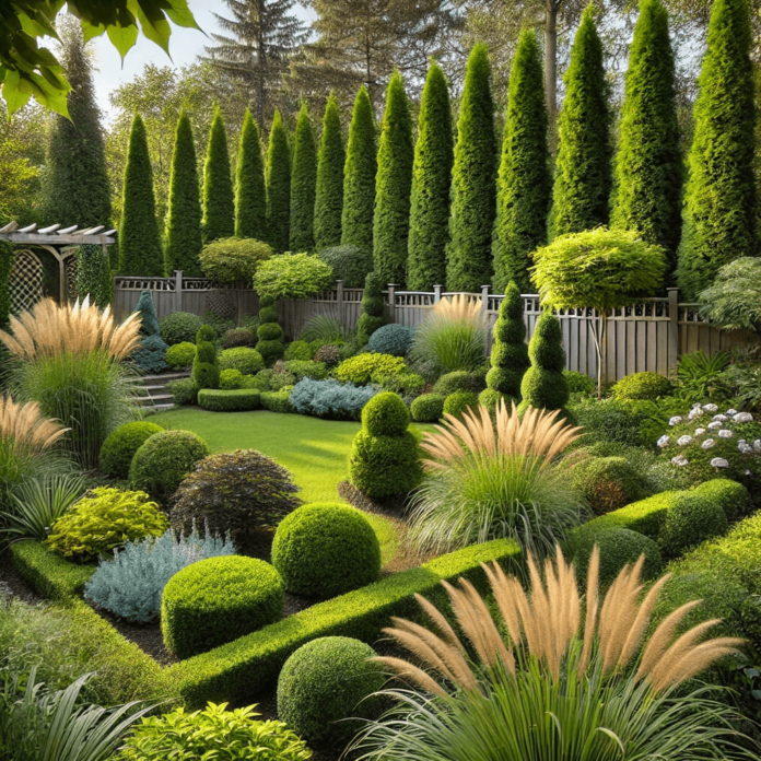 A backyard featuring layered privacy landscaping with tall arborvitae evergreens, boxwood shrubs, bamboo grasses, and a wooden trellis with climbing vines, creating a natural and serene barrier for seclusion.