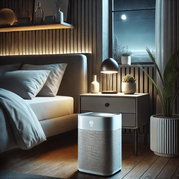 A sleek and compact air purifier on a bedside table in a modern bedroom, providing clean and fresh air for a restful sleep.