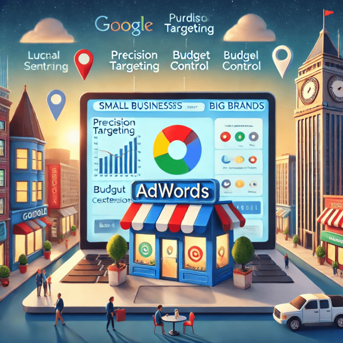 A local store uses a laptop showing an AdWords dashboard, emphasizing budget control, precision targeting, and remarketing, while a towering corporate building represents large-scale advertising