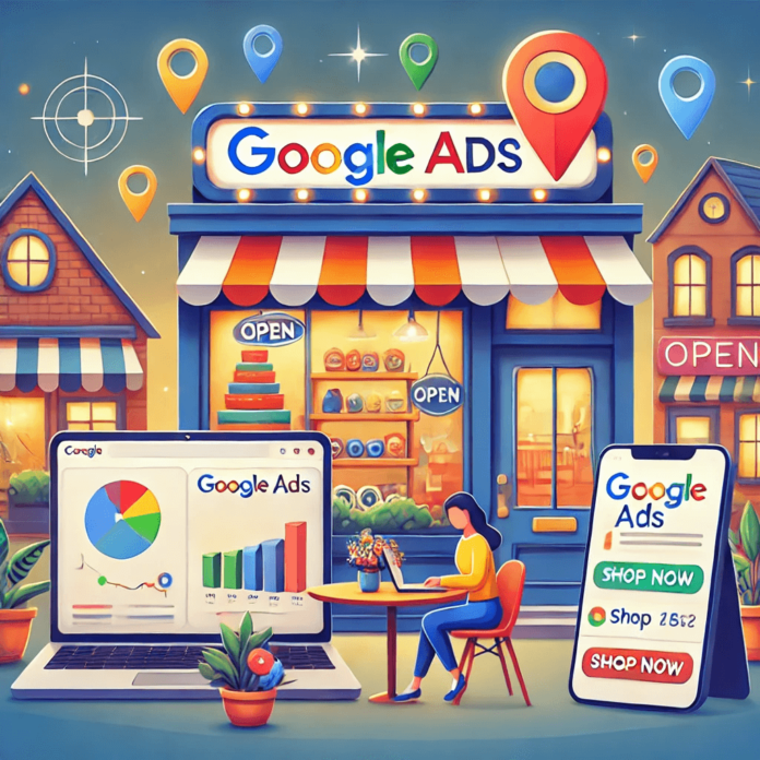 small local store with a glowing 'Open' sign, a laptop displaying a Google Ads dashboard, a smartphone showing a 'Shop Now' ad, and a map with local ad targeting pinpoints.