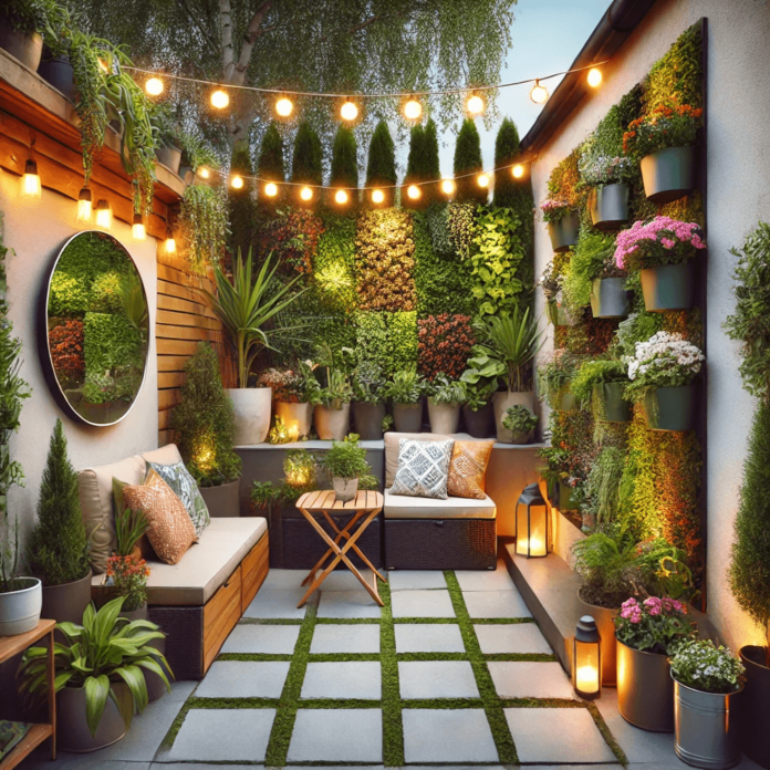 A beautifully designed small backyard featuring compact landscaping ideas, including foldable furniture, a vertical garden, potted plants, and string lights.