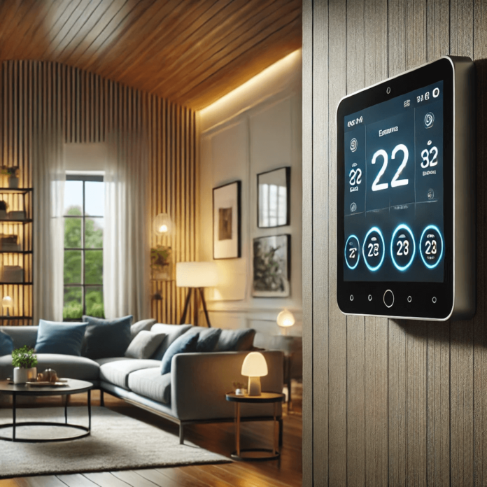 Smart thermostat mounted on a wall in a modern home interior, showcasing energy-efficient technology and smart home automation.