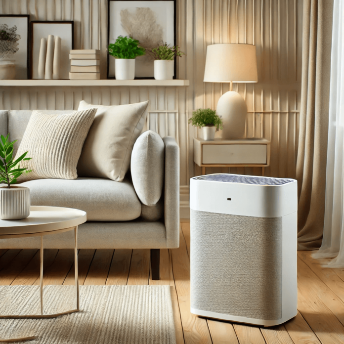 A sleek air purifier with HEPA filter in a modern living room, ensuring a clean, allergen-free, and comfortable environment for asthma and allergy relief.