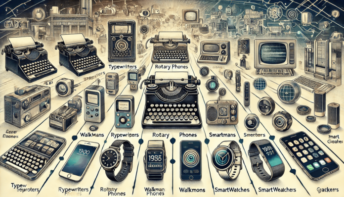 Timeline illustration showing the evolution of gadgets, featuring typewriters, rotary phones, Walkmans, smartphones, smartwatches, and futuristic devices.