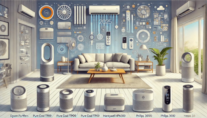 Illustration of top air purifiers of 2025, including Dyson Pure Cool TP09, Honeywell HPA300, and Philips 3000i, set in a modern living room environment.