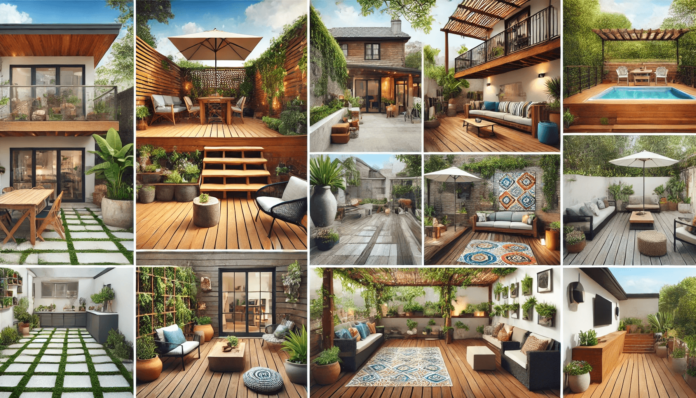 A beautifully designed backyard featuring various deck and patio ideas, including multi-level decks, cozy courtyard patios, and pergola-covered seating areas.