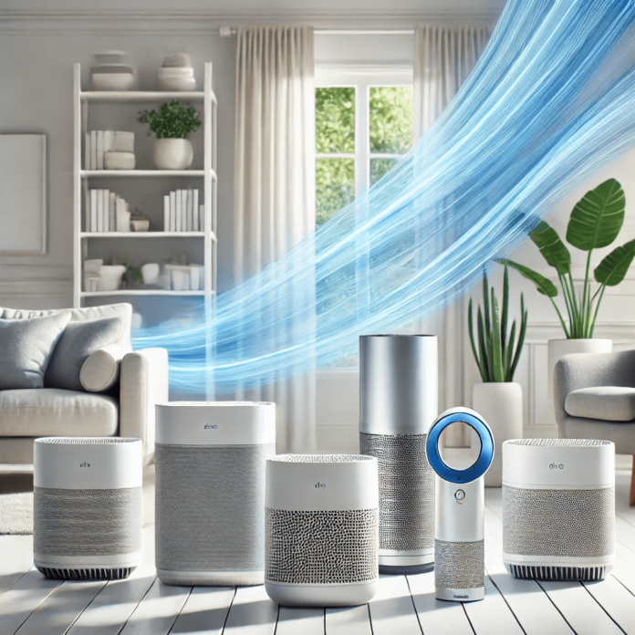 Modern portable air purifiers, including compact models like Levoit Core 300 and Dyson Pure Cool Me, displayed in a minimalist, clean home setting.