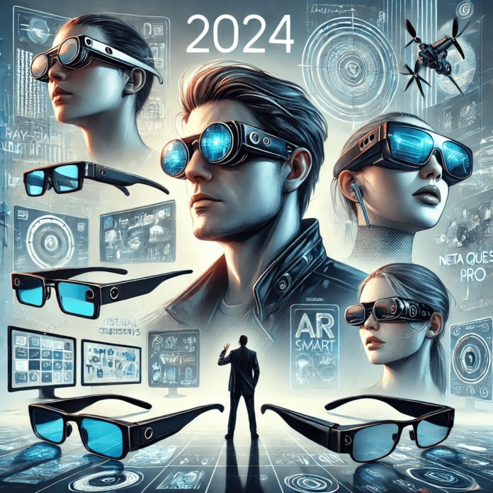 Futuristic illustration of top smart glasses for 2024 showcasing AR capabilities, hands-free connectivity, and stylish designs.