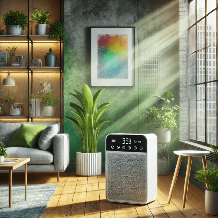 Modern air purifier with HEPA and activated carbon filters in a vibrant urban apartment, creating a clean indoor environment against a backdrop of a smoggy cityscape.