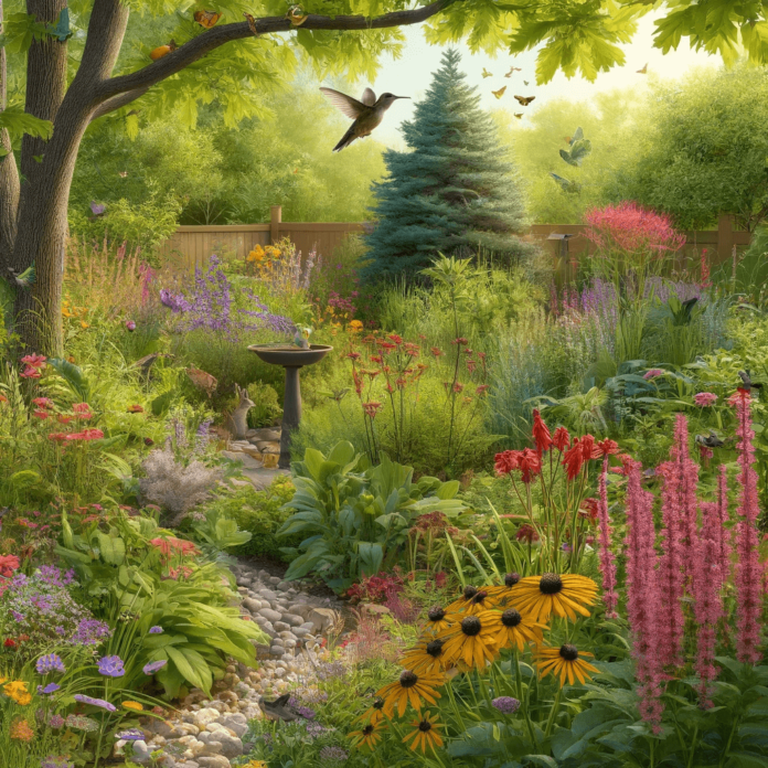 A wildlife-friendly garden featuring layers of native plants, including tall oak and maple trees, elderberry and dogwood shrubs , and a rabbit in lush greenery.