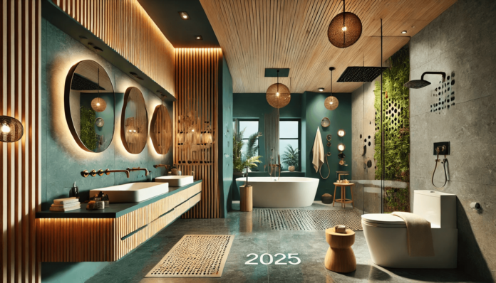 A modern bathroom showcasing 2025 remodeling trends with a spa-like design, freestanding tub, rain shower, emerald green walls, bamboo vanities, and smart technology