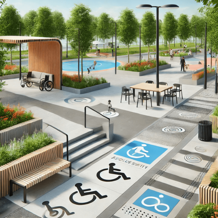 An inclusive public park with accessibility features, including wheelchair-accessible pathways, tactile paving, accessible benches, and braille signage for visually impaired individuals.