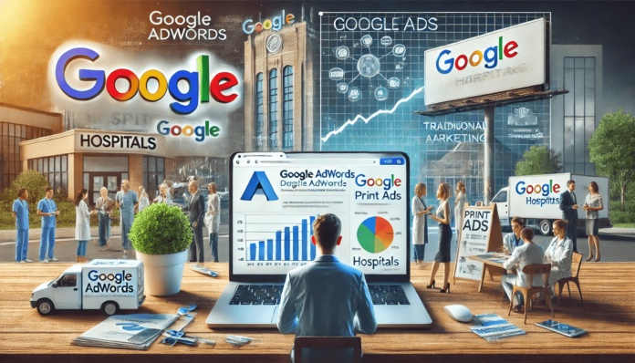 Healthcare marketing comparison showcasing Google AdWords with digital metrics on one side and traditional advertising elements like billboards and print ads on the other