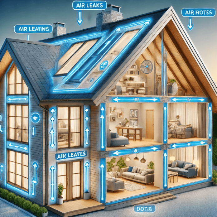 Energy-efficient home with highlighted areas of air sealing, including windows, doors, attic, and foundation, showing reduced air leaks for improved comfort and lower energy costs.