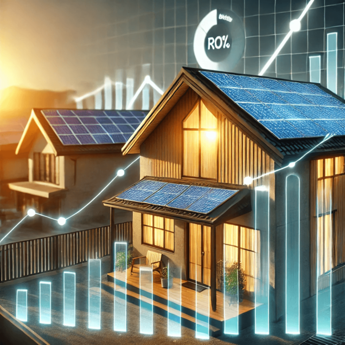 Modern home with solar panels on the roof, basking in sunlight, with a glowing financial graph in the background symbolizing ROI and energy savings.