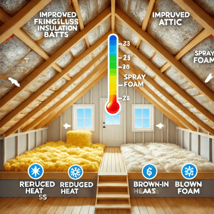 A well-insulated attic with labeled insulation types, including fiberglass batts, spray foam, and blown-in cellulose, highlighting improved temperature control and reduced heat loss for better energy efficiency