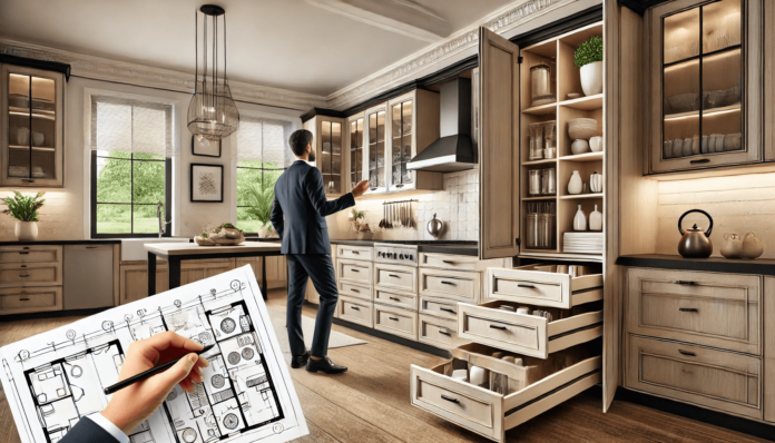 Modern kitchen with custom cabinets featuring soft-close drawers, pull-out pantry shelves, and a designer sketching cabinet plans for well-planned and functional design.