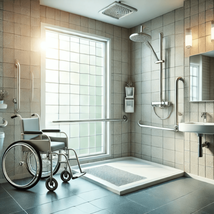 A spacious accessible bathroom with a roll-in shower, grab bars, a wall-mounted sink for highlighting safe and inclusive bathroom design.