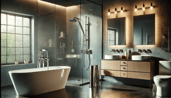 Split-view image showcasing a bathroom remodel transformation from an outdated space with worn tiles to a modern design featuring sleek tiles, a freestanding bathtub, and elegant fixtures.